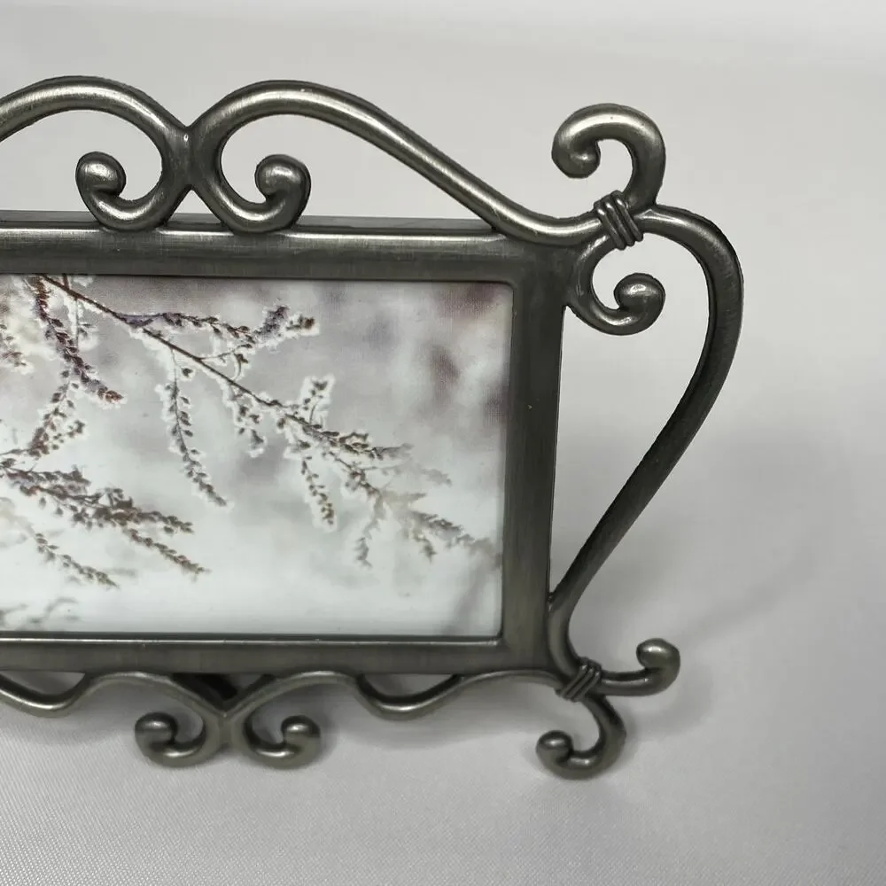 Vintage Pewter Mini Picture Frame Scrollwork Swivel Closures 2x3 Victorian Goth